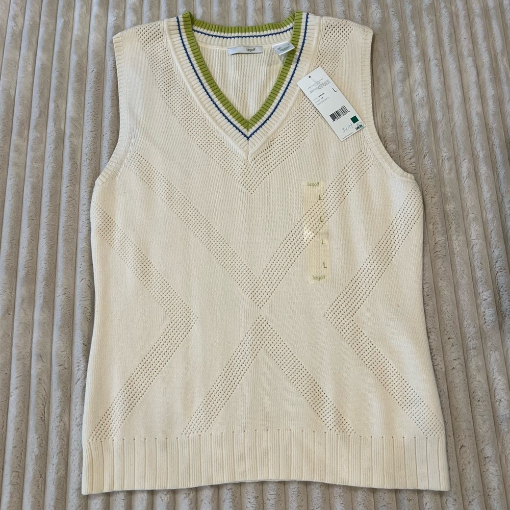 NWT Cable Knitted V Neck Golf Sweater Vest By LizGolf Ivory Women’s Size Large
